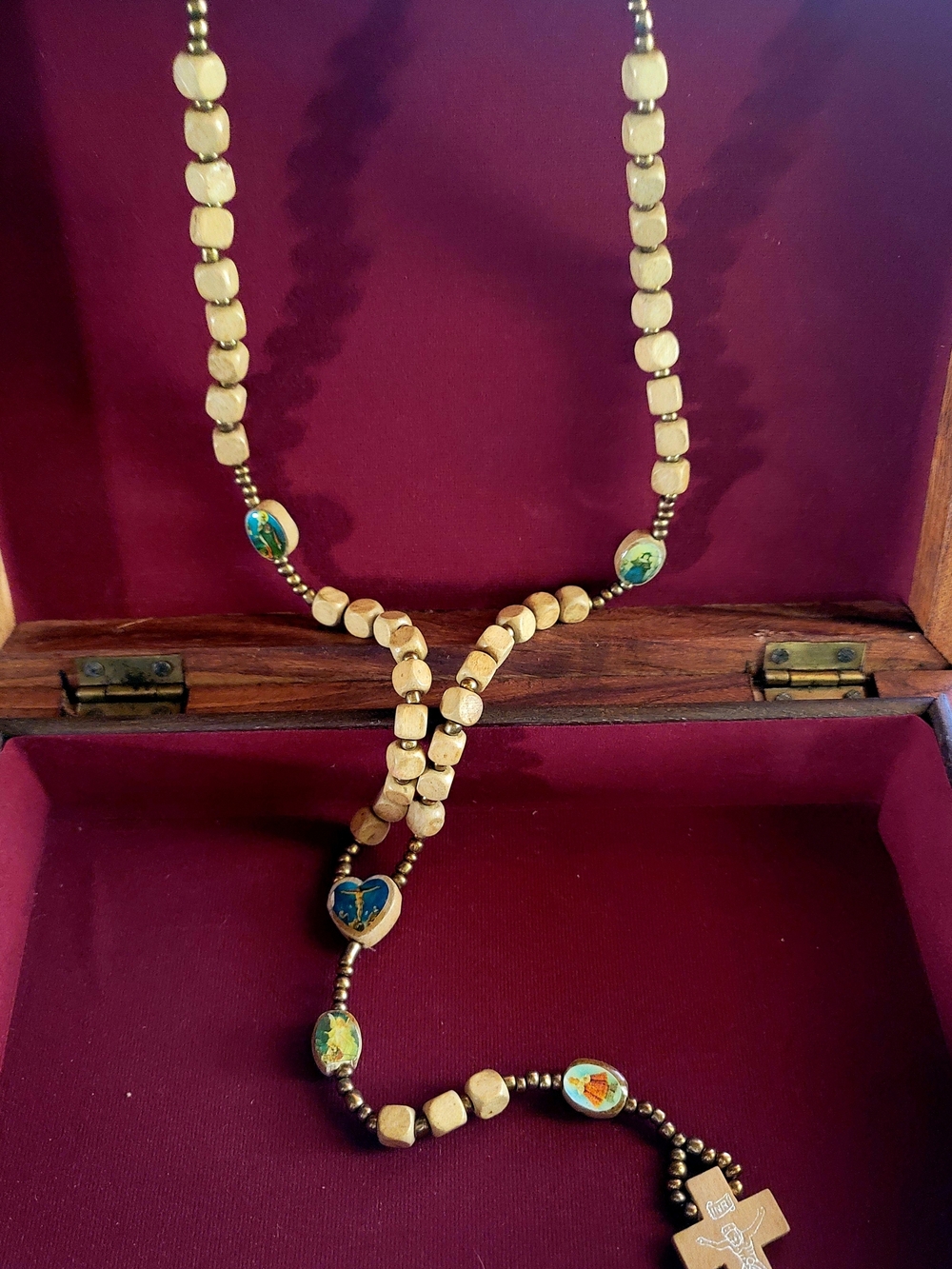 Handcrafted Beige Wooden Bead Rosary Necklace with Decorative Medallions